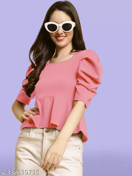 Women Square Neck Puff Sleeves Peplum Top (Women Top | Women Tops | Top)