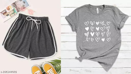 Vivient Women Grey Shorts and Grey Hearts Printed T-Shirt Combo