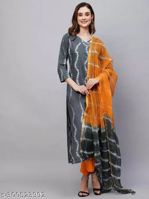Anni Designer Women's Grey Straight Printed Kurta with Trouser & Dupatta