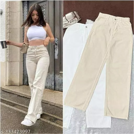 Elegant Cream Wide-Leg Denim Trousers