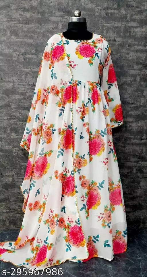 QVAZOR Stylish Fancy Trendy Printed Georgette Gown For Women For Party Wedding Festival Functions