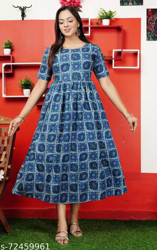 Charvi Fashionable Gold Printed Bottle green Rayon Flared Dresses