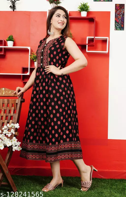 Shree Ganesh fashion's Rayon Anarkali Printed Black  Kurti for women