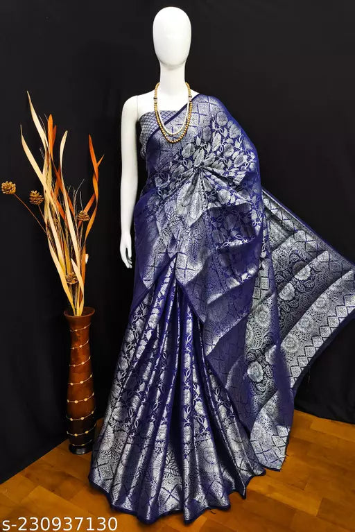 Morpich Fashion Navy Blue Banarasi Silk Silver Zari Saree