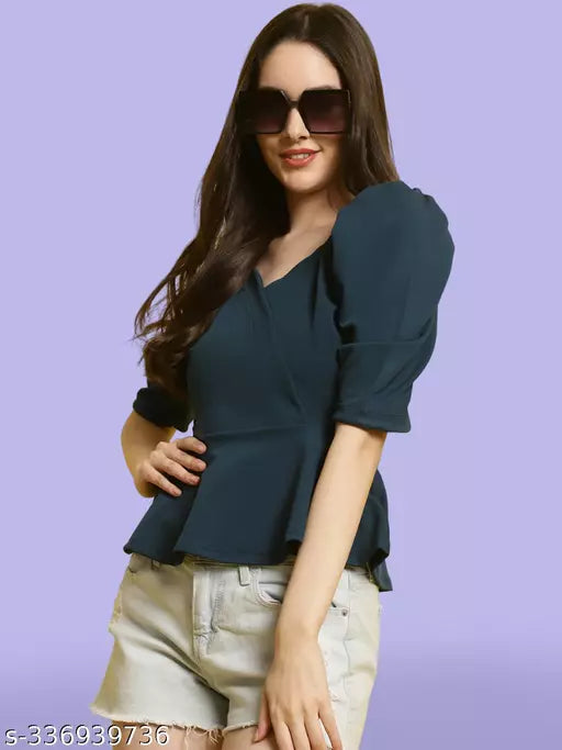Sweetheart Neck Puff Sleeves Peplum Top (Women Top | Women Tops | Top)