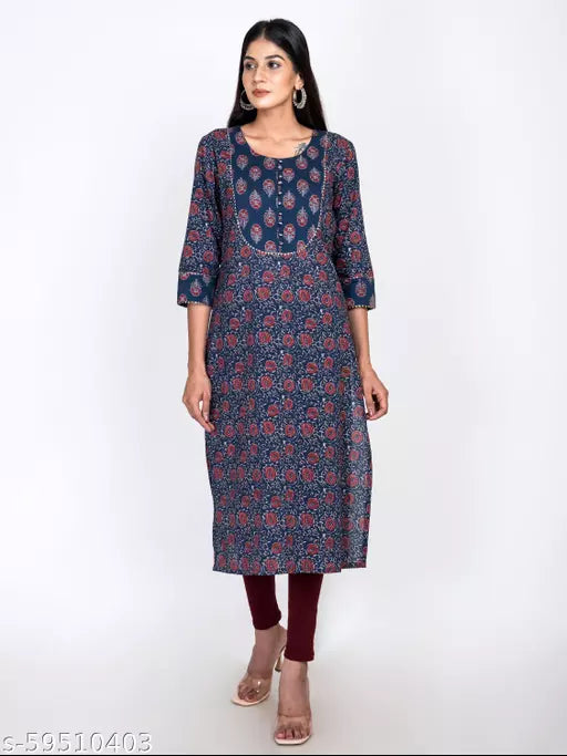 Swasti  Women Plus Size Floral Print Pure Cotton Straight Kurta  (Blue)
