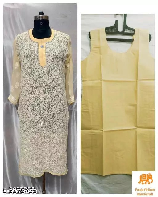 Women's Chikankari Hand embroidered chiffon Long Front jall kurti With inner.