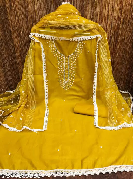 Cotton Hand Work Dress Material Suit for Womens with Organza Silk Work dupatta