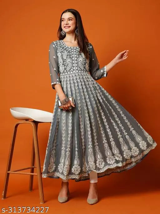 Anni Designer Women's Grey Anarkali Floral Embroidered Chikankari Kurti