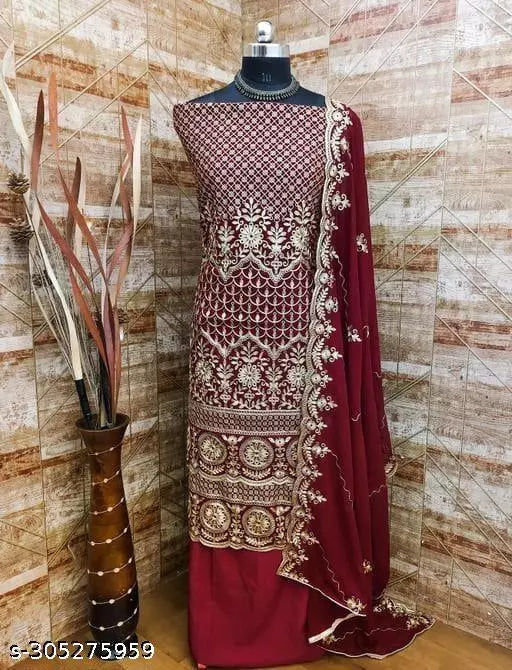 Women's Double Heavy Georgette Embroidered blooming concept in salwar suit & Dress Materials maroon colour