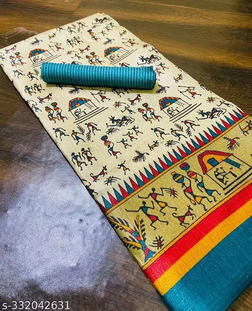 WARLI PRINTED KHADI SILK BLENDED LIGHT WEIGHT COMFERTABLE WEAR DESIGNER SAREE WITH BLOUSE