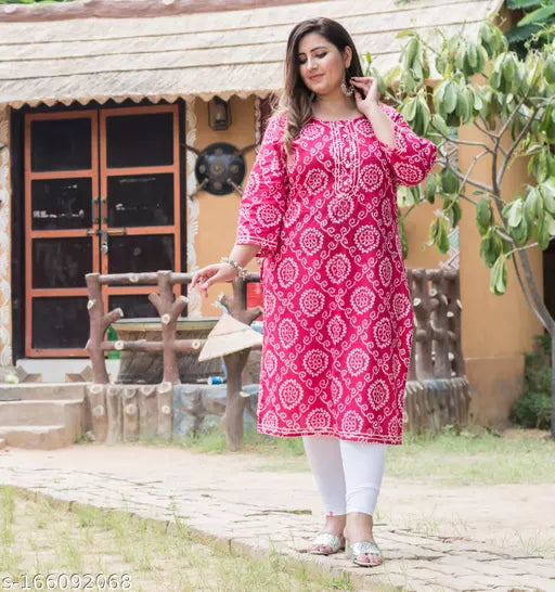 Swasti Plus Size  Women Bandhani Print Cotton Blend Straight Kurta