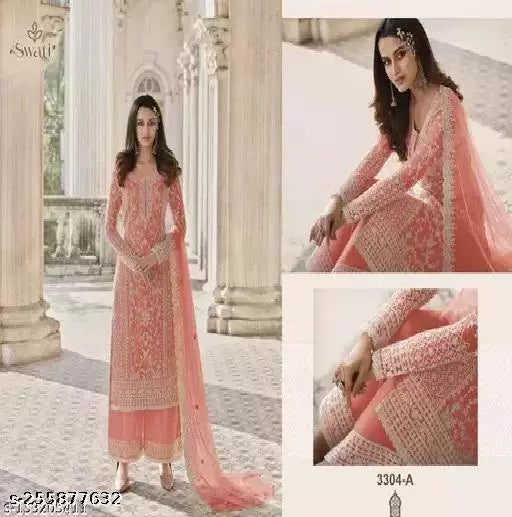 Women's Orange Embroidered Net Semi Stitched Suits
