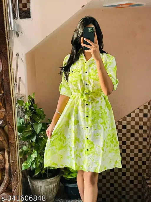 Jkp Collection Womens & Girls A-Line Dress  Casual Wear Printed & Short Sleeve Dress Fabric Cotton In Color Neon