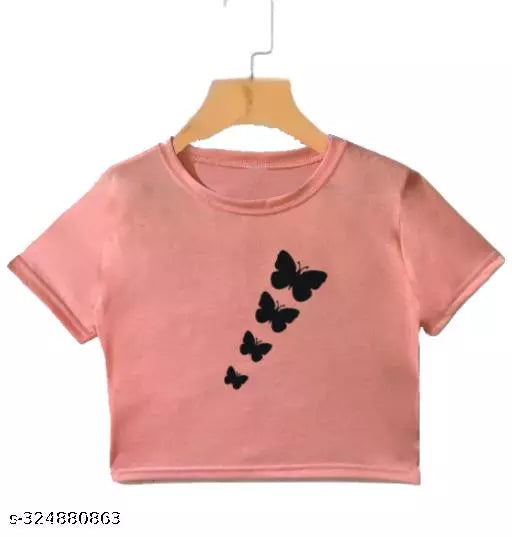 Trendy Feminine Printed Crop Tshirt Round Neck Top For Womens