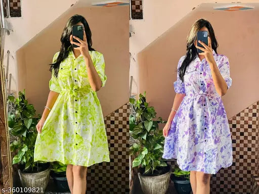 JKP COLLECTION  Women's & Girls's Stylish Rayon Collared Shirt Flared Mini Dress with Waist Belt  Pack Of 2 Neon  Lavendar