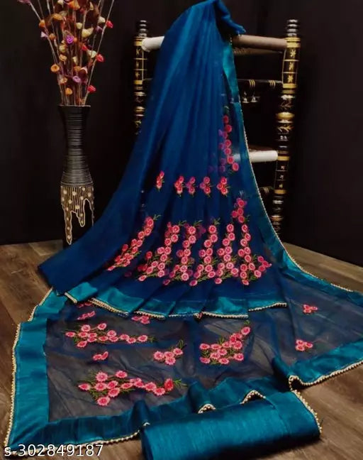 Net sarees with beautifull Embroidered work and unstiched Blouse pieces with all over border fancy moti work Navy Blue Colours