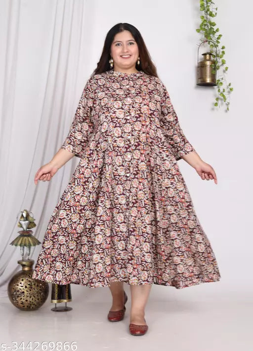 Swasti Plus Size Women Printed  Floral Print Cotton Blend Gown Kurta