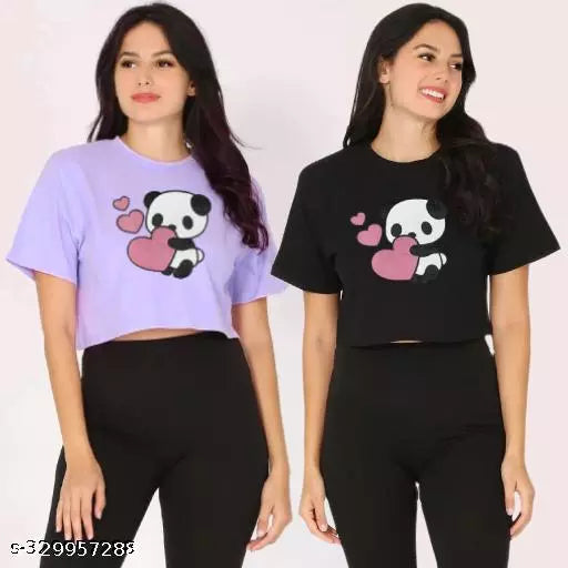 VK TOPS Trendy Feminine Printed Crop Tshirt Round Neck Top For Womens (Pack of 2)
