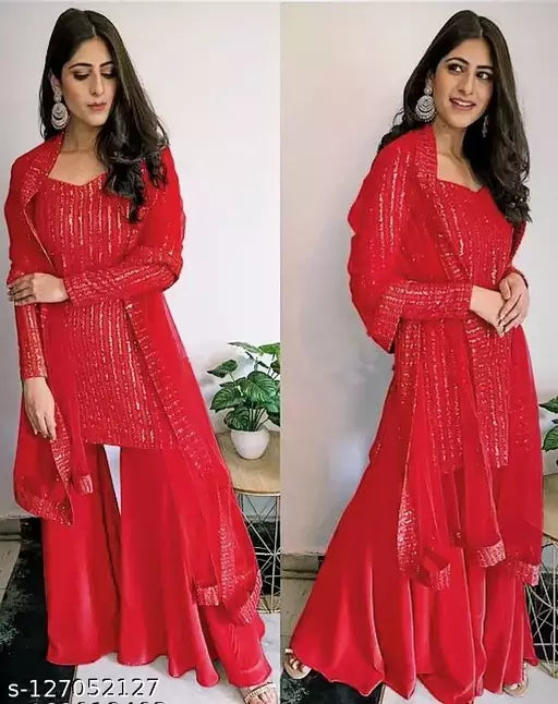 Women's Red Embellished  Georgette Suits & Dress Materials