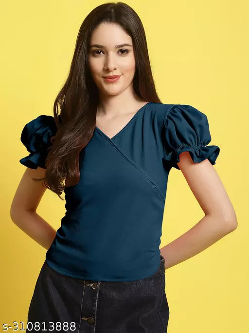 Women Airforce Solid Puff Sleeve Wrap Top (Women Top | Women Tops | Top)