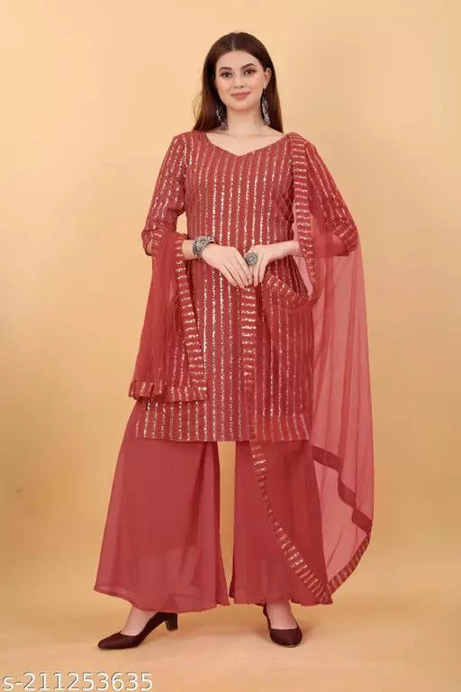 Women's Faux Georgette Sequence Embroidery Work Unstitched kurta(Dress Matirial) With Full Stitched Sharara and dupatta