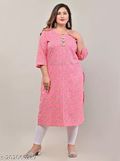 Swasti Plus Size Women Printed  Floral Print Pure Cotton Straight Kurta (Pink)