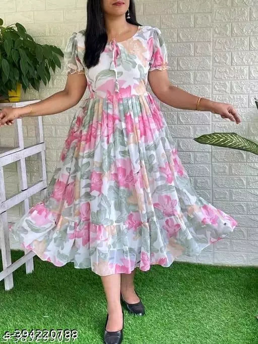STYLISH GEARGETTE FABRIC LONG PLATTING DRESSS