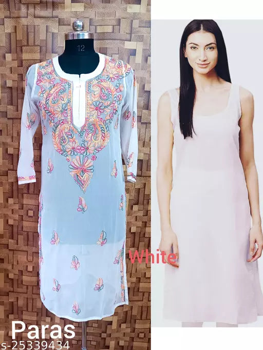 Handwork Embroidered Chikankari Chiffon Galabooti Long kurti with Camisole innr