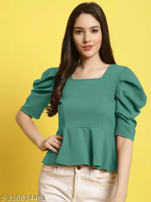 Women Square Neck Puff Sleeves Peplum Top (Women Top | Women Tops | Top)