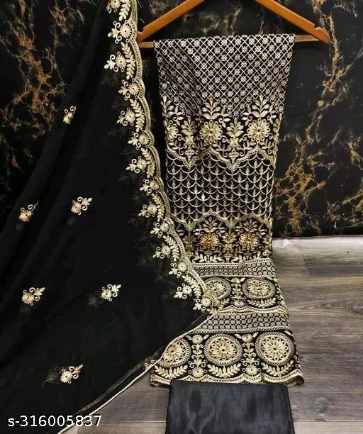 Women's Black Floral Patiala Embroidered Sequence Work Georgette Salwar Suit & Dress Materials