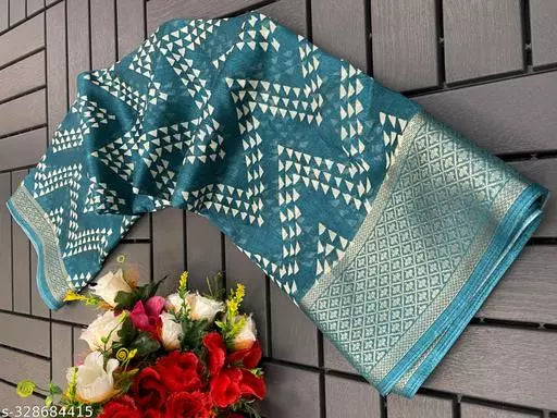 EMBELLISHED BORDER LIGHT WEIGHT BEST DESIGN COTTON BLEND -ART SILK MIX MATERIAL) SKIN FRIENDLY SAREE WITH UNSTICHED BLOUSE