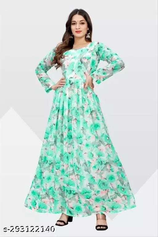 QVAZOR Stylish Fancy Trendy Printed Georgette Gown For Women For Party Wedding Festival Functions