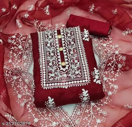 FANCY UNSTICHED ORGANZA SILK BARFI WITH EMBROIDERED DOUBLE  MULTI WORK DRESS MATERIAL SUIT FOR WOMEN
