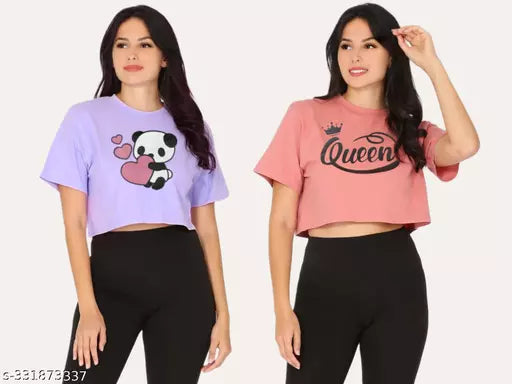Trendy Feminine Printed Crop Tshirt Round Neck Top For Womens(Pack Of 2)