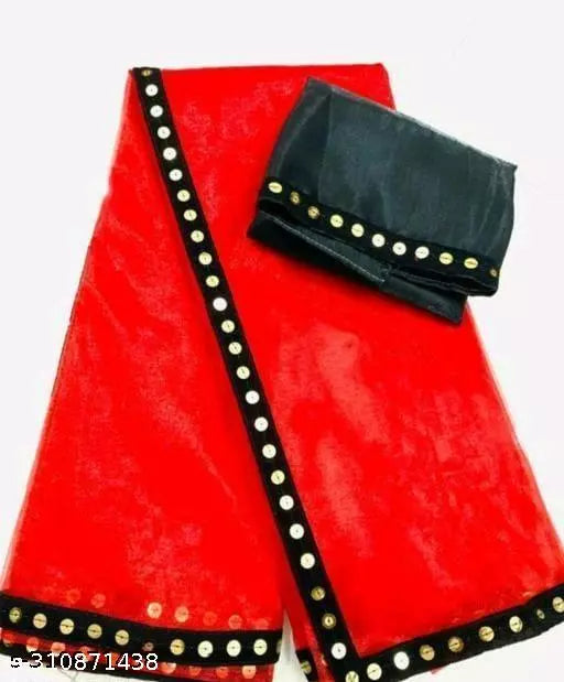 Abhisarika Drishya Net Red saree with all over fancy moti lace with unstich blouse