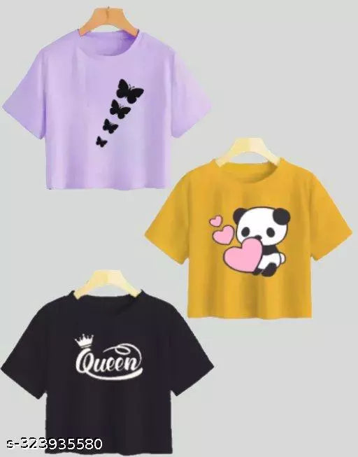 Trendy Feminine Printed Crop Tshirt Round Neck Top For Womens (Combo3)