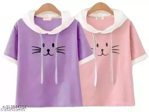 Women Funky Printed Hooded HALF Sleeve Designer Party wear Top for women and Girls Combo