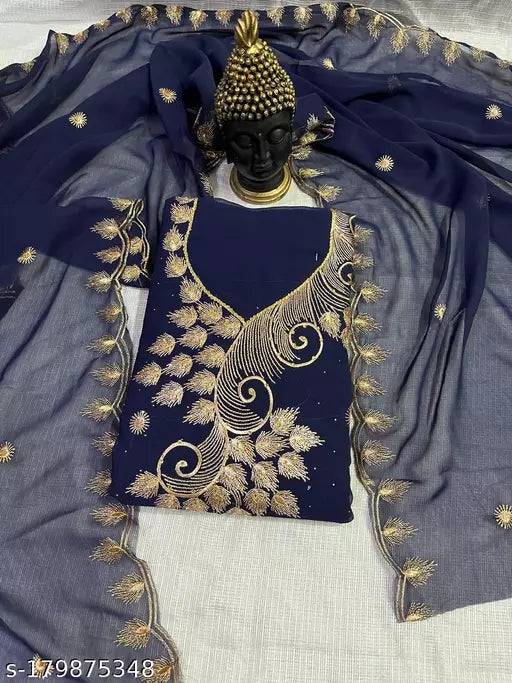 Women's Navy Blue Botanical Embroidered Georgette Suits & Dress Materials