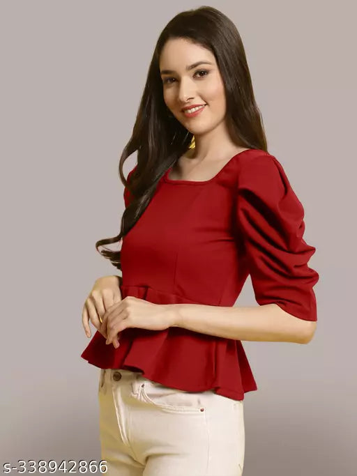 Women Square Neck Puff Sleeves Peplum Top (Women Top | Women Tops | Top)