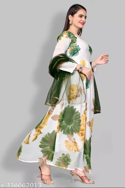 QVAZOR Stylish Fancy Trendy Printed Georgette Gown For Women For Party Wedding Festival Functions