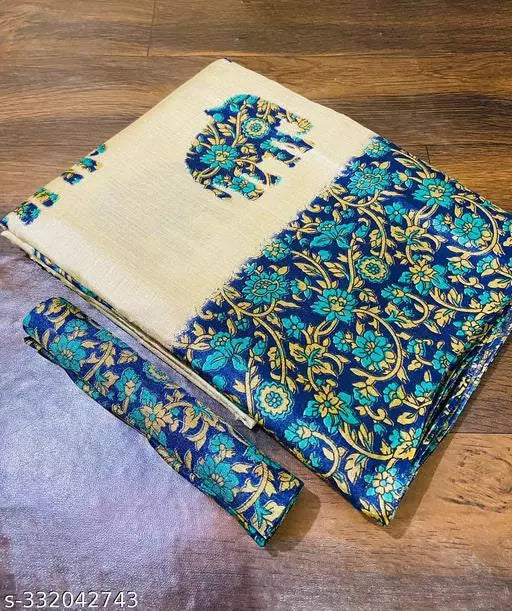 ELEPHANT PRINTED KHADI SILK BLENDED LIGHT WEIGHT COMFERTABLE WEAR SAREE WITH BLOUSE