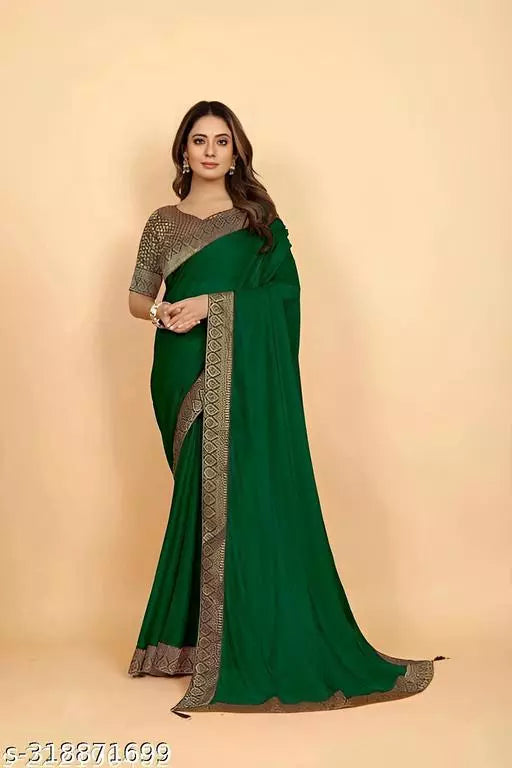 Bhagalpuri Soft Silk Black Lace border GREEN Saree With NEW MAHARANI BLACK  BORDER Blouse BY KRADDLE