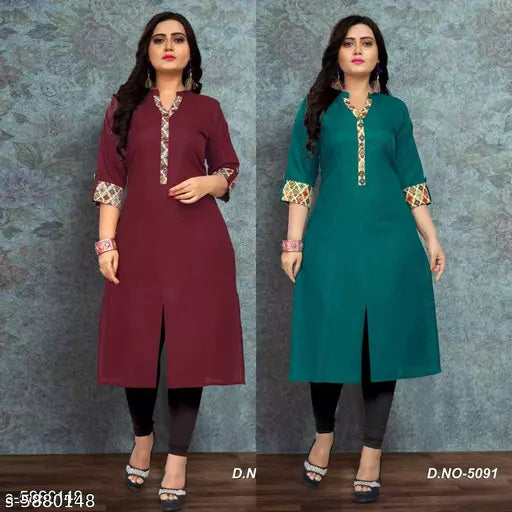Women Cotton Front Slit Solid Kurti