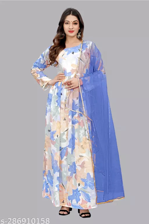 QVAZOR Stylish Fancy Trendy Printed Georgette Gown For Women For Party Wedding Festival Functions