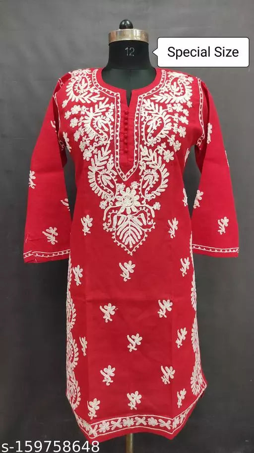 Chikankari Embroidered Side Carry Design Aari work Cotton Kurti Special Size.