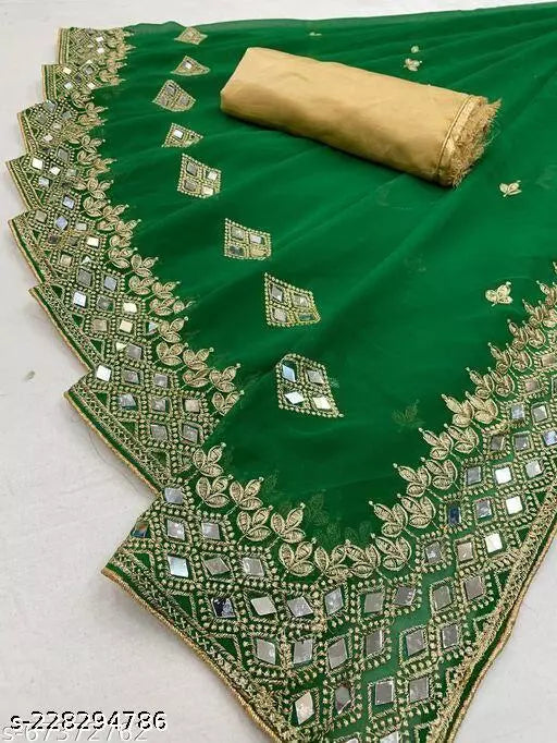 HEAVY KAJU DESIGN EMBROIDERY WORK WITH MIRROR SAREE BY KRADDLE
