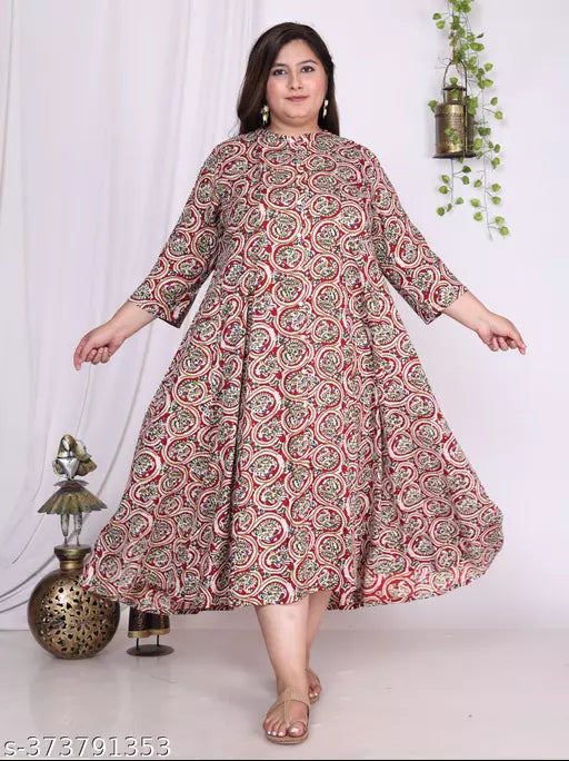 Swasti Plus Size Women Printed  Floral Print Cotton Blend Gown Kurta