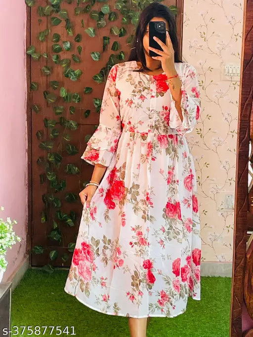 JKP COLLECTIONs Womens & Girls A-Line Dress  Casual Wear Printed & Short Sleeve Dress Fabric Cotton In Color White