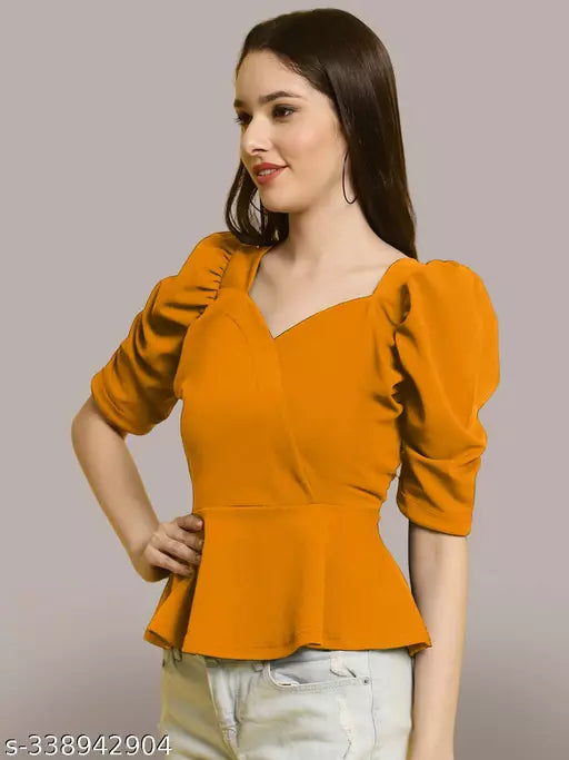 Sweetheart Neck Puff Sleeves Peplum Top (Women Top | Women Tops | Top)